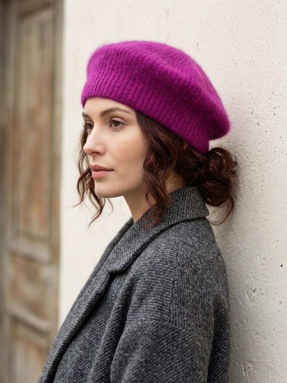 Vintage Aris Angora Wool Beret Hat Magenta Purple Fuzzy Made in USA